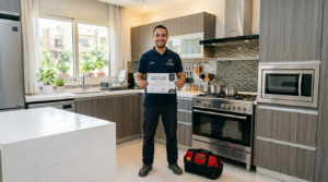 فني صيانة رويال جاز بعد إصلاح الأجهزة المنزلية داخل المطبخ