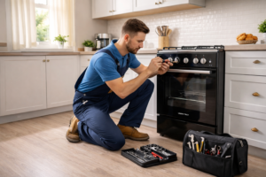 فني صيانة يقوم بضبط وإصلاح بوتاجاز يونيون تك داخل مطبخ حديث