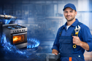 فني صيانة يقوم بإصلاح بوتاجاز داخل المنزل في الشروق مع فحص الشعلة والغاز