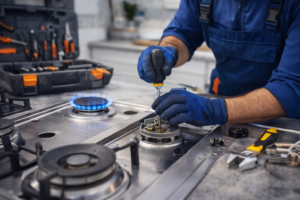 فني صيانة يقوم بإصلاح شعلة بوتاجاز داخل المنزل في الشروق باستخدام أدوات احترافية