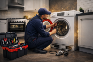فني صيانة يقوم بإصلاح غسالة لاجيرمانيا داخل المنزل باستخدام أدوات حديثة