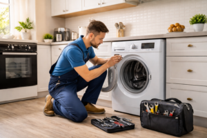 فني صيانة يقوم بإصلاح غسالة يونيون تك داخل المنزل باستخدام أدوات احترافية