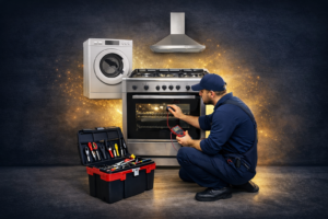 فني صيانة يقوم بفحص وإصلاح بوتاجاز وفرن لاجيرمانيا باستخدام أدوات احترافية داخل المنزل